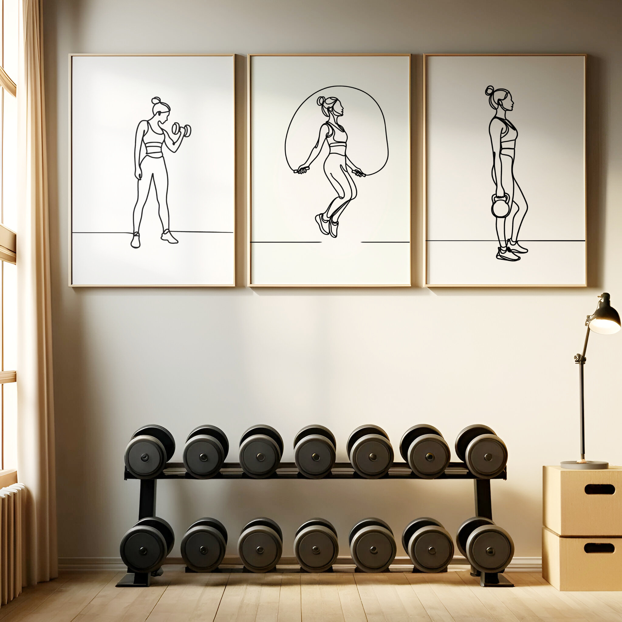 Yoga And Fitness Studio - 3-teiliges Kunstposter-Set mit Fitness-Mädchen-Motiven: Linienkunst, Gewichtheben